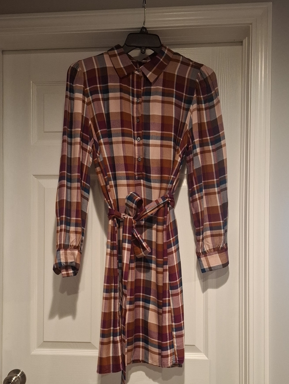LOFT Plaid Long-Sleeve Shirt Dress in Burgundy, Tan and Blue
